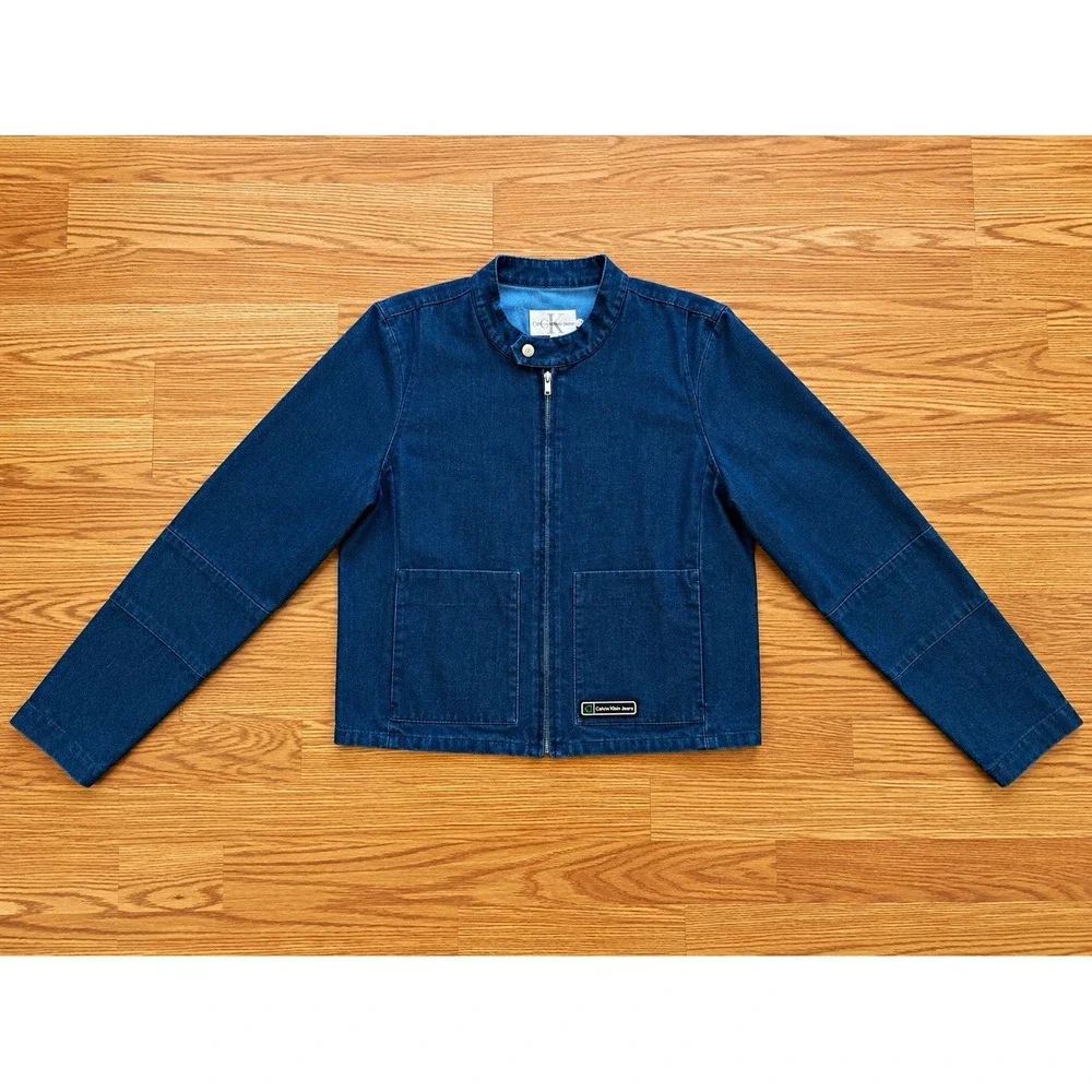 Vintage 90s Calvin Klein Jeans Jacket Mens M Blue Band Collar Full Zip Moto CK